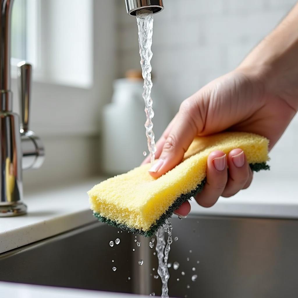 Dùng bọt biển mềm nhúng vào nước sạch để lau sạch bụi bẩn bám trên bề mặt Inox